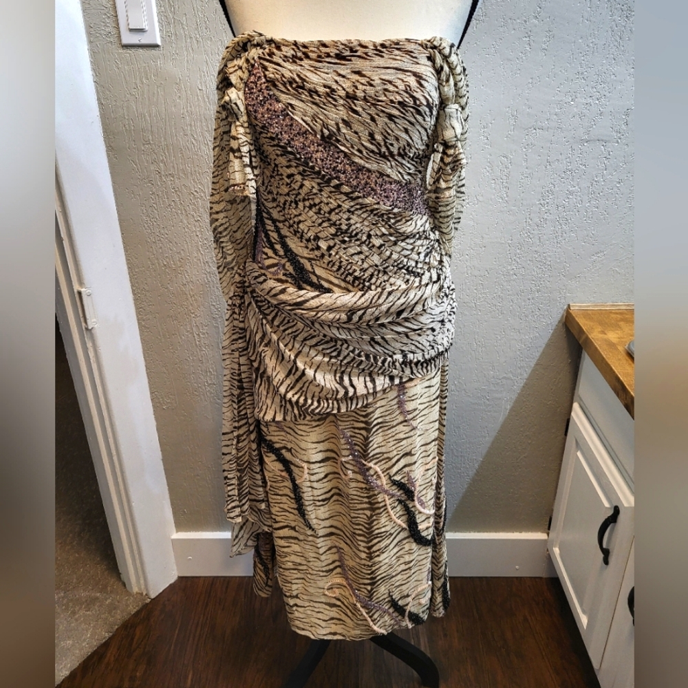 Cream and Brown Ruched Strapless Sundress